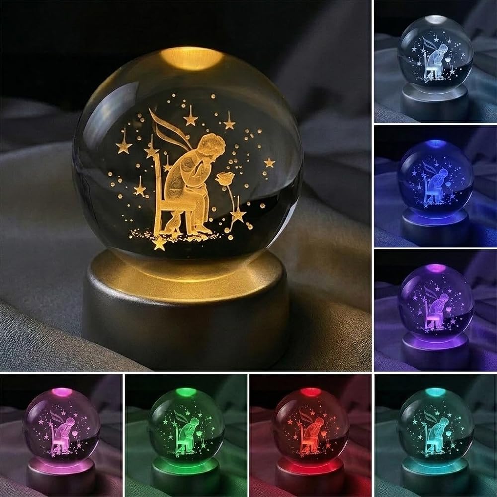 Senon Küçük Prens Oturan Kristal Cam Küre Renk Değiştiren LED Işıklı Gece Lambası Dekoratif Hediyelik