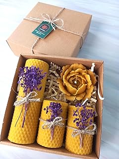 Petekoğlu Balmumu Mum Dekoratif Hediye Kutusu 4 Lü Set Doğal Petek Beeswax Candle Açmış Gül (Mor Süslenmiş açmış gül)