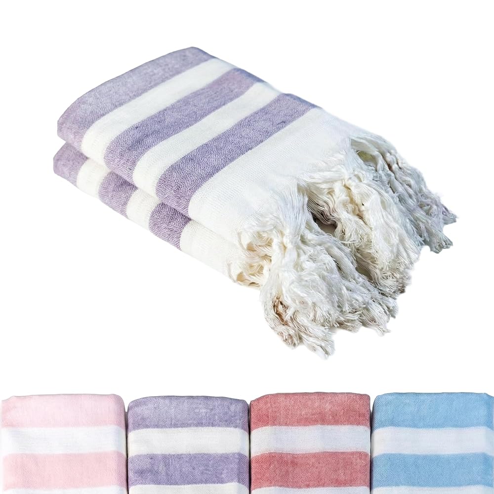 Lila 2'li - 90 x 180 cm - İnce & Transparan - Kadınlar için İpeksi Yumuşak Peştamal - Bambu & Pamuk Karışımı - Dokuma Şeritleri Solmaz ve Uzun Ömürlü - Dekoratif Hediyelik Peştamal